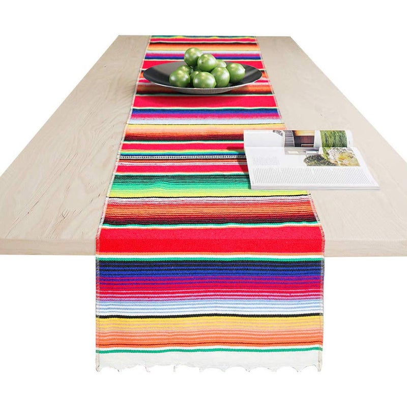 Fowecelt Mexican Serape Table Runner 14 x 84 Inch for Mexican Party Wedding Decorations Outdoor Picnics Dining Table, Fringe Cotton Handwoven Table Runners - Image 3